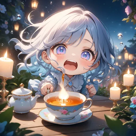 chibi, masterpiece, best quality, ultra-detailed, vivid color, kawaii style, elegant tea party, fantasy realism, nighttime ambiance, moonlit garden, delicate porcelain teacup, warm candlelight, gentle night breeze, steam rising, character laughing uncontro...