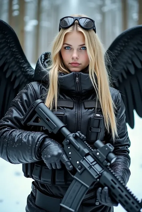  Choppy long blonde girl dressed in black tactical military gear armed full armed holding weapon,  with two black wings on her back with blue eyes , his teeth,  several glasses ,  realistic ,  full body , refilled , In the middle of the snowy forest 