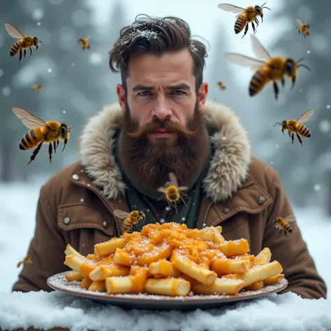 Fais moi un style fantaisiste, A 25-year-old man with a beautiful beard in the snow eating a honey poutine with bees around