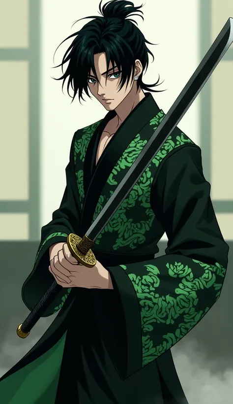 An anime male character who has a Japanese sword.  His outfit is black with green pattern. His hair is deep black. He is very cool.