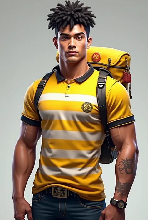 I want a character from Free Fire curly man with a yellow and white black shirt the full shirt with a tattoo and a little bit strong without a beard and a yellow backpack with Chinese eye