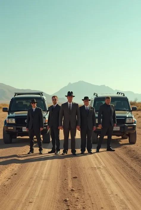 Two groups standing in the middle of the Texas desert in front pf eachother. One is a crime mafia family of one female and 6 men wearing suits, don and mafia coats. Some wear fedora’s and most don’t, inftont of Black SUV’s, with guns like AK’s, tommy guns,...