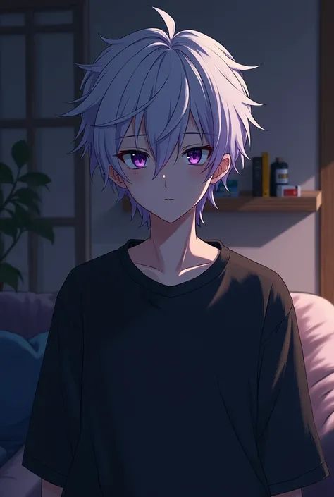 Short emo hair anime male character with white purple highlights, living room background