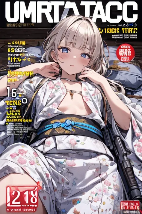 (from below:1.3,Best Quality),a girl ,kimono uniform:1.5 ,platinum color hair,Purplish  blue eyes that dreamers desire, small stature, medium tits , Lori face, (masutepiece:1.2, Best Quality), (finely detailed beautiful eye: 1.2), (beautifull detailed face...