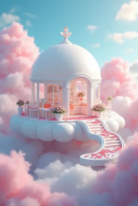 The cake shop is beautiful, with a white glass dome, in the middle of the air, with a beautiful cloud, with flowers adorned with red roses, it's a glass staircase.