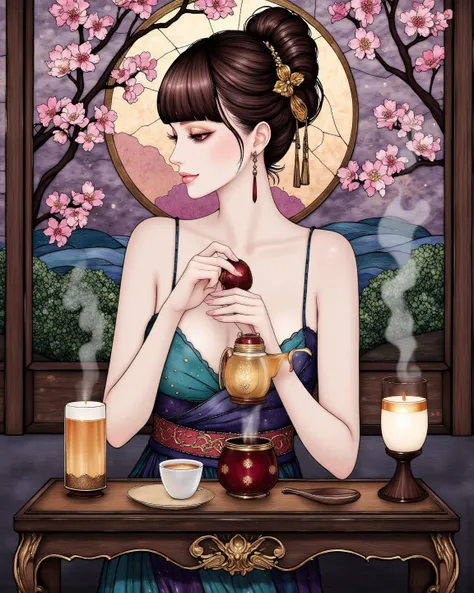 a beautiful young woman in a teahouse, gracefully performing a traditional tea ceremony, blunt bangs, super cute, chignon, earring, facial profile, detailed kimono, elegant movements, steam rising from the teapot, ornate tea set, A moonlit Japanese garden ...