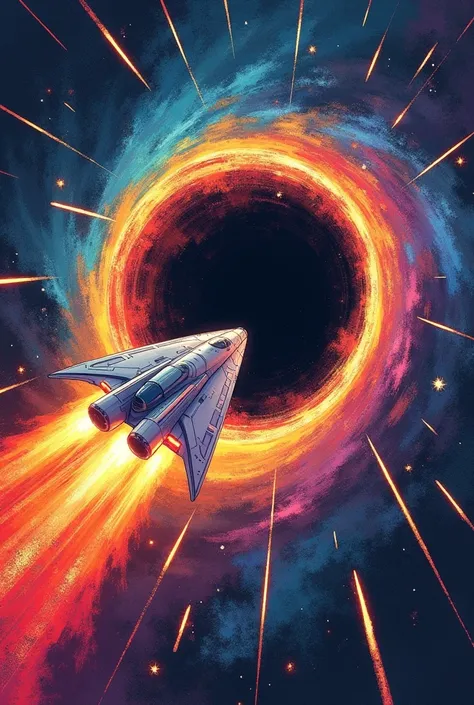 Illustration Style: A vibrant, colorful chalk-style illustration, visually capturing the immense gravitational force of a black hole as a spaceship desperately tries to escape outward. The textured chalk strokes should create a raw, energetic feel, emphasi...