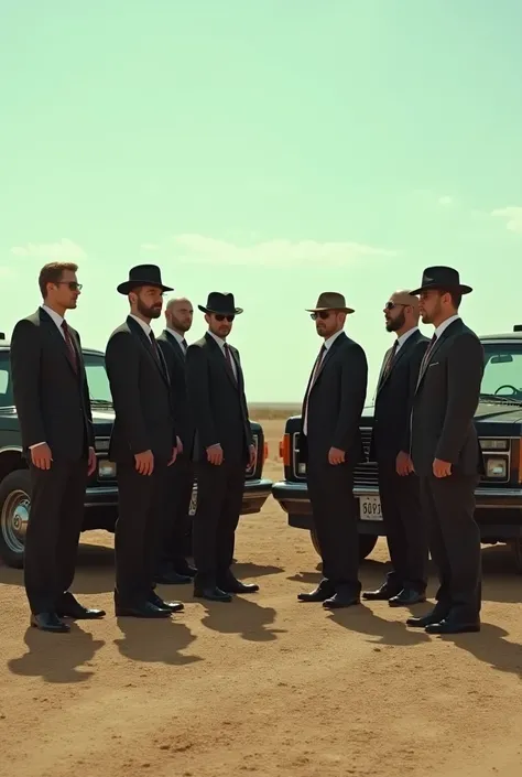 Two groups standing in the middle of the Texas desert in front pf eachother. One is a crime mafia family of one female and 6 men wearing suits, don and mafia coats. Some wear fedora’s and most don’t, inftont of Black SUV’s, with guns like AK’s, tommy guns,...