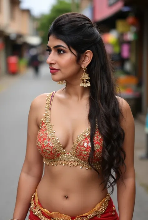 Sexy beautiful indian married lady, bindi on forehead,big long black ponytails hairs, voluptuous attractive figure,sexy beautiful prominent eyes, eyelashes, lucious lips,big cheeks, earrings,big huge enormous gigantic humgous breast,chrome plated strapless...