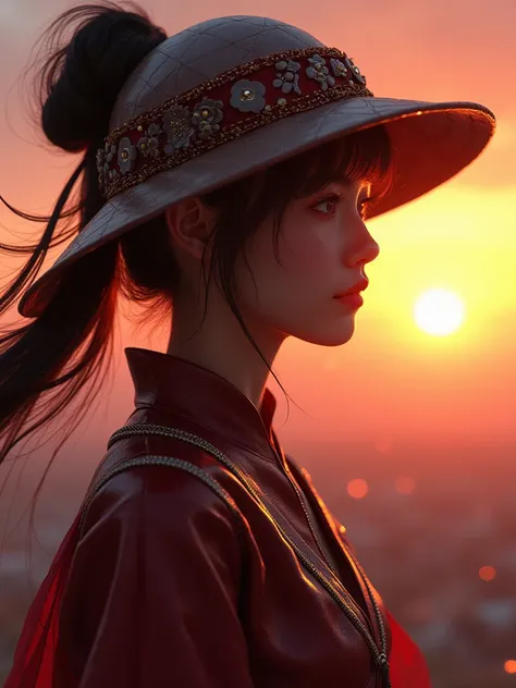 A magical girl from the future with Chinese features looking at the horizon at dusk. hat,  masterpiece,  Precise,  Anatomically correct,  tall details , quality, Retina,  textured leather, very detailed,  lines of motion ,  rays of God , 