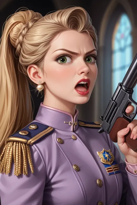 1girl, rapunzel, bun hairstyle, red lips, gold pearl earrings, Military-inspired with gold epaulettes, purple uniform, realistic, real life form, angry, open mouth, holding massive gun, hunter, thriller, reality, I'll shoot you