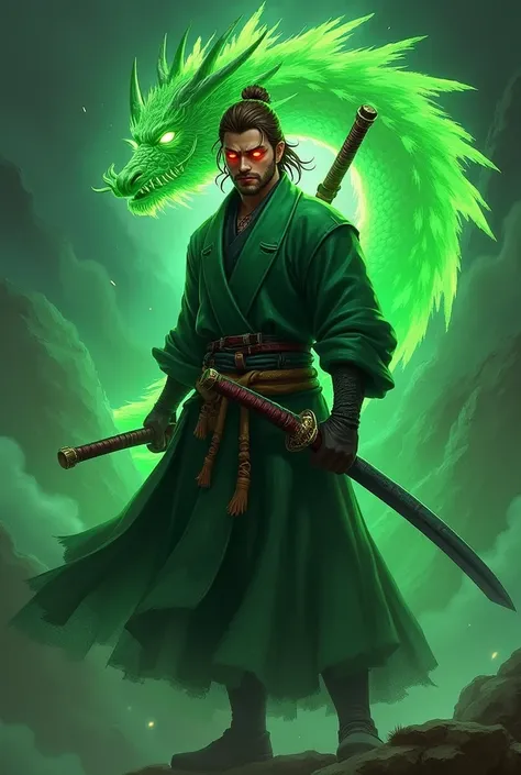 Create a game logo featuring a ninja, a green-clad male god, a brown-haired man with flaming eyes holding a katana sword. Dressed like a god in heaven, with a green, neon shadow on the back.\n and has the active gesture of a demon ninja .
There's a green d...