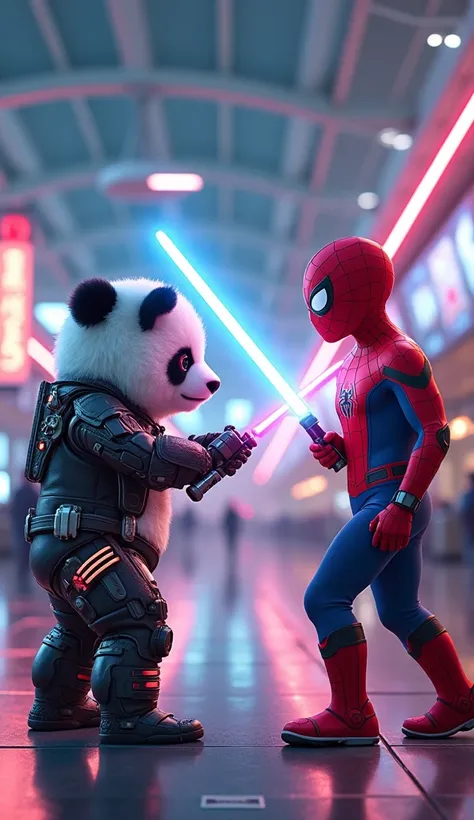 cute baby panda use robotic armor and lightsaber fighting with spiderman in the airport, realistic, scifi, 8k, anime, neon, glow in the white