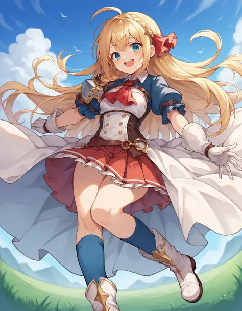 braid,
arm belt, armor, ascot, blue socks, boots, dress, gloves,  hair ornament, open clothes, open dress, pauldrons, pleated skirt, puffy short sleeves, puffy sleeves, red ascot, red skirt, short sleeves, shoulder armor, single pauldron, skirt, socks, whi...