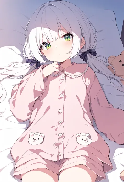 ( masterpiece)Cute girl with green eyes and white hair with pigtails wearing teddy pajamas lying in bed