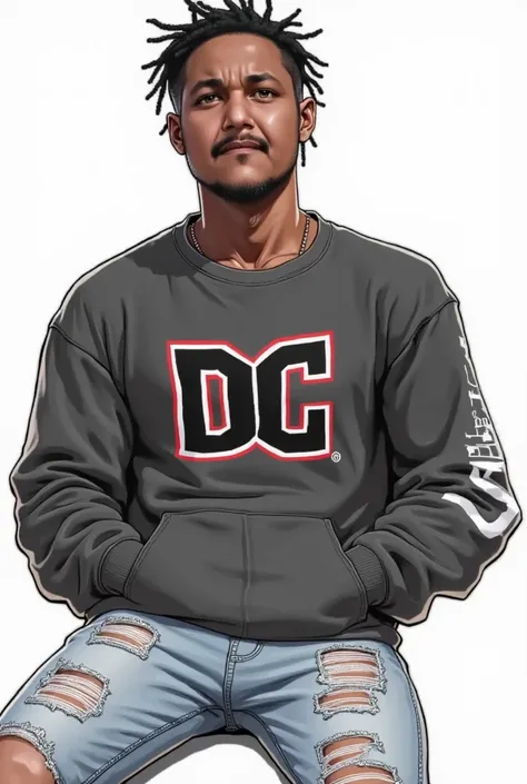  official art . GTA V style. handsome man, Gui, very attractive,  smiling ,  with short black hair and very beautiful black skin ,  he has brown eyes. with jeans ,  Vance sneakers and sweatshirt with the DC heroes symbol on the chest,  Dark beauty that den...