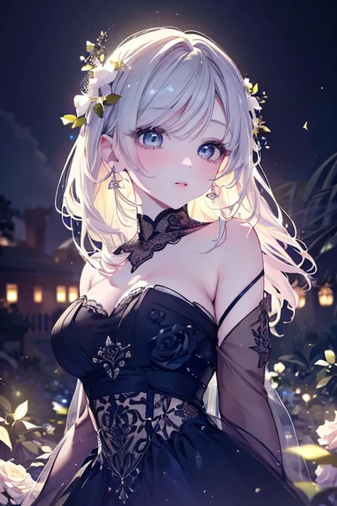 a girl in a night garden, beautiful detailed eyes, beautiful detailed lips, extremely detailed eyes and face, long eyelashes, intricate floral dress, elegant pose, moonlight, glowing fireflies, (best quality,8k,highres,masterpiece:1.2),ultra-detailed,(real...