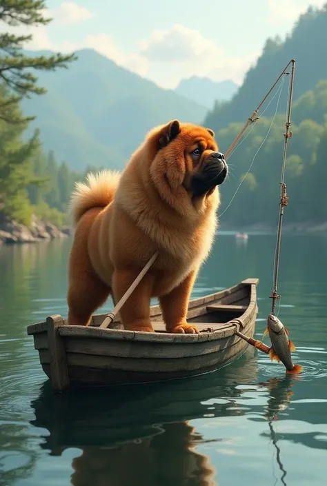 Chow chow  em um barco , with a rod and a fish on the hook.   Ultra-realistic image 