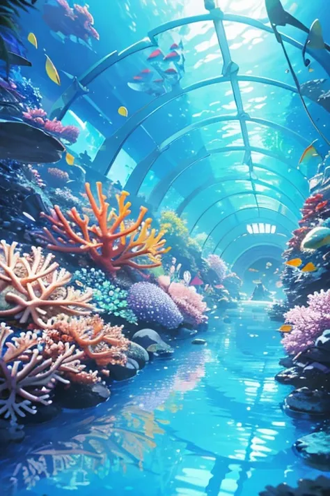 a serene underwater walkway, detailed glass tunnel, coral reef, schools of tropical fish, sunlight filtering through the water, vibrant colors, realistic 3D rendering, masterpiece, photorealistic, cinematic lighting, 8k, high resolution