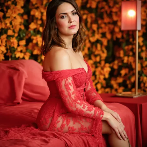 best quality, highres, 8k, masterpiece, photography, detailed midbody photorealistic portrait. Mandy Moore lounges on a grand four-poster bed covered in crimson silk, the room dimly illuminated by glowing red lanterns. She wears a deep red lace corset with...