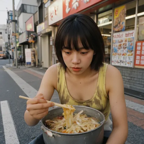  Tokyo ,live-action,Elementary school girl,Hairstyle with visible ears, has bangs, dirty yellow tank top, rough skin,Sidewalk in front of a fast food restaurant , stirring a small pot with leftovers with chopsticks