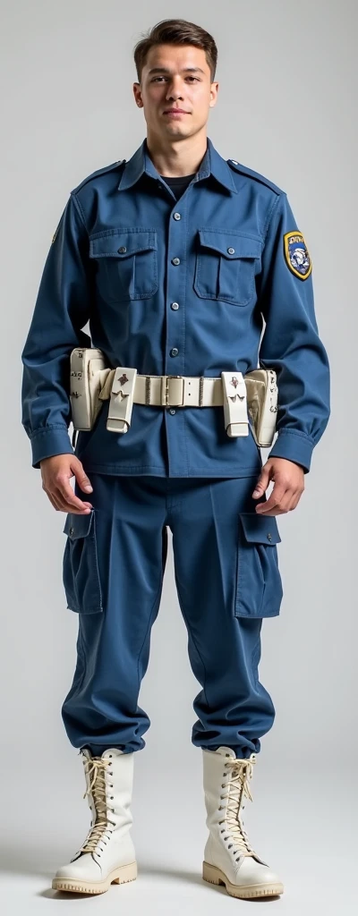 military uniform, blue shirt with pants, white boots, 2014-2015 The guy stands at full height and straight.Stands straight.A type of uniform worn during war or regular service.With weapons and equipment.Dressed inwhite tactical gear.Dressed in advanced com...