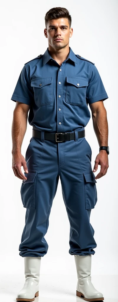 military uniform, blue shirt with pants, white boots, 2014-2015 The guy stands at full height and straight.Stands straight.A type of uniform worn during war or regular service.With weapons and equipment.Dressed inwhite tactical gear.Dressed in advanced com...