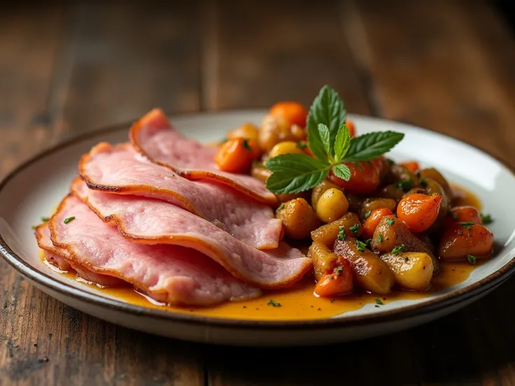 A rustic dish featuring thick slices of ham paired with roasted vegetables, plated in a visually balanced manner with the ham placed in one corner. The composition emphasizes warm, earthy tones and a home-cooked aesthetic.