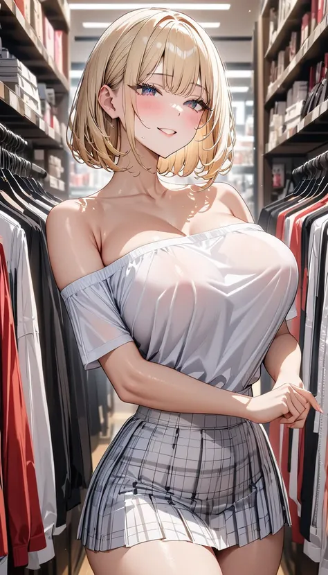 half-closed eyes,blush, sleeveless,完璧なsmile, (  perfect anatomy,  anatomically accurate ,  high definition skins in adult shops),  cute and symmetrical faces ,  perfect face,  perfect fingertips, ((  hairstyle, blond,  bob cut)),Clothes are open,((  BIG BR...