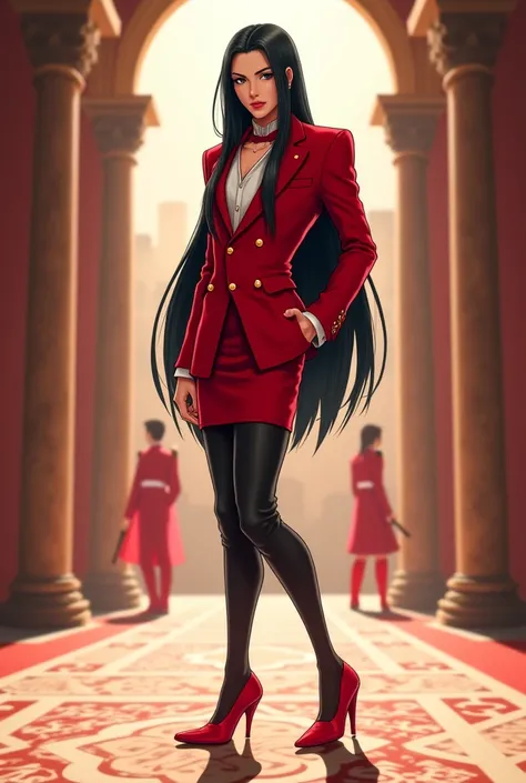 a striking crossdressing man exuding femininity, long cascading black hair, clad in a sleek red short pencil skirt, red suit jacket, black leggings, and towering red high heels, poised elegantly at the center of a palace, with vibes of a royal guard, brigh...