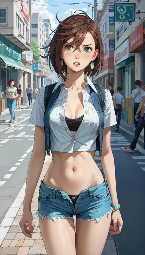 rape, momo ayase, short hair, brown hair, green eyes, (girl walking down the street: 1.6), (pretty and well-shaped face: 1.5), (crop top, vest unbuttoned in front: 1.6), (denim shorts: 1.5), loud onomatopoeic speech, bright sunny day, full-length rear view