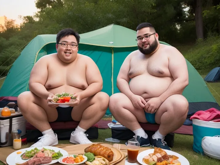 fat gay couple、50 and 20 year old 、Thick、Fat、fat、 fat man、overweight， Japanese、 Asian、 white socks、 micro bikini、Glasses、Nipples、 campsite、 sneakers、sunset、Eat barbecue、meal