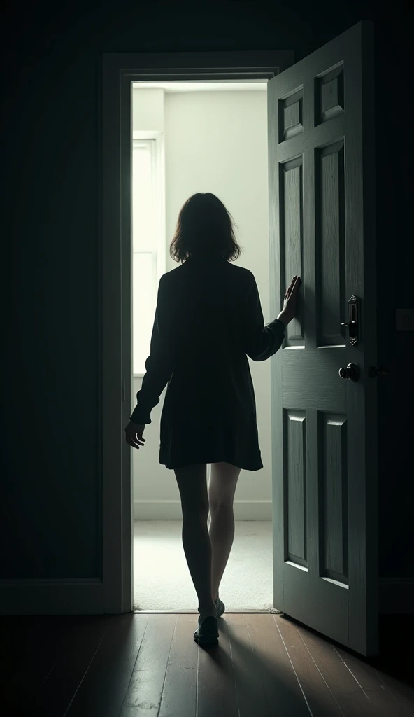 The protagonist leaves the room,  closing the door behind her 