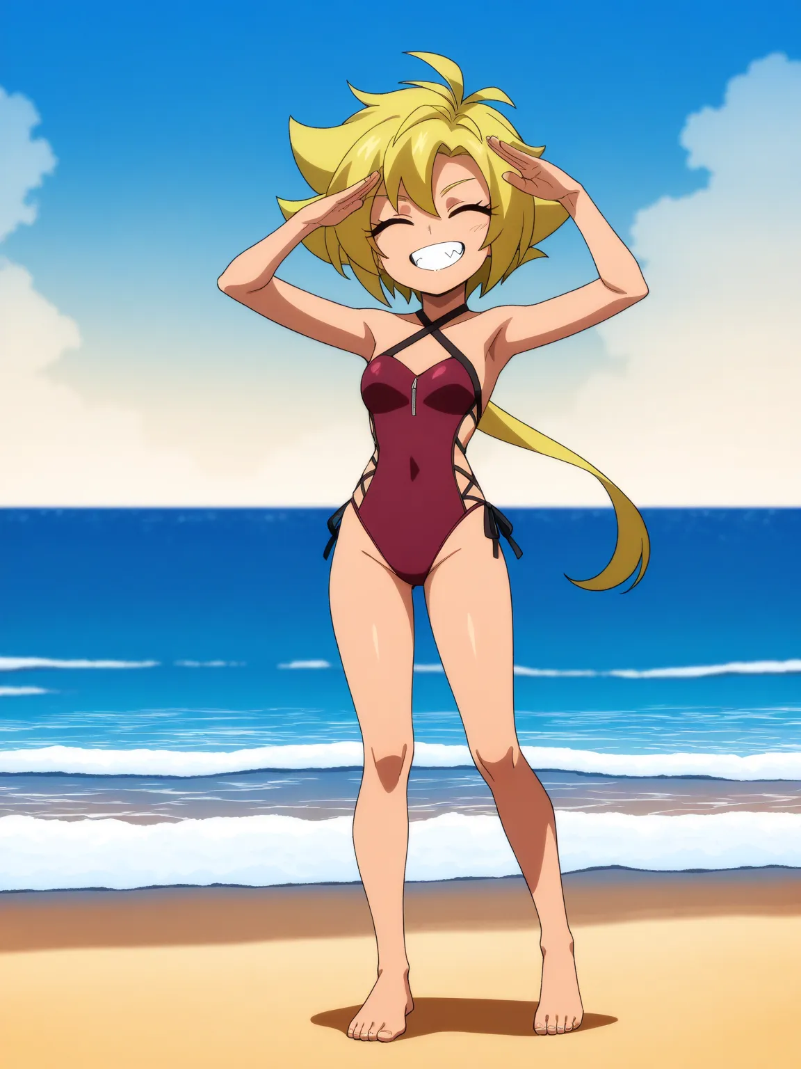 masterpiece, best quality, good quality, newest, blue sky, clenched teeth, cute, closed eyes, solo, anime coloring, kurenai_ren\(metal_fight_beyblade\), blonde hair, antenna hair, short hair with nape long hair, one-piece_swimsuit, red swimsuit, center zip...