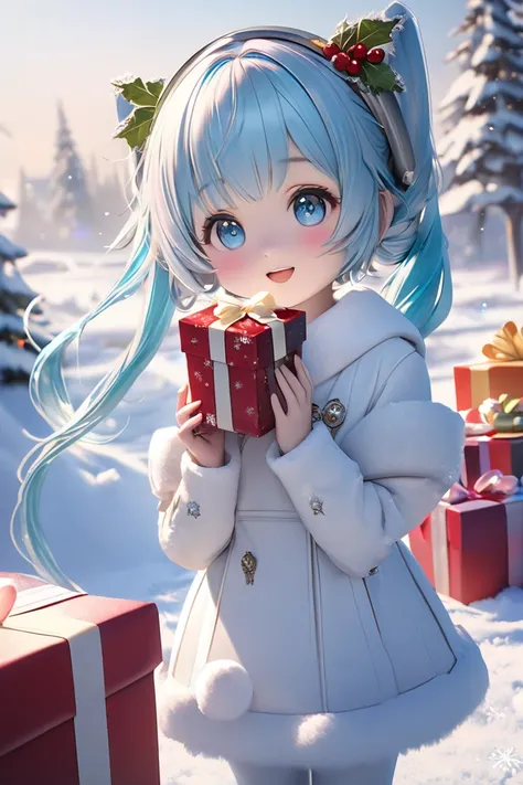  ( bestquality,4K,8k, highres,masterpiece:1.3 ),ultra-detailed,(realistic,photorealistic,photo-realistic:1.3),HDR,UHD, A cute Snow Miku-type humanoid robot is about to give presents to viewers in a field with a beautiful snowy landscape 、 The light from th...