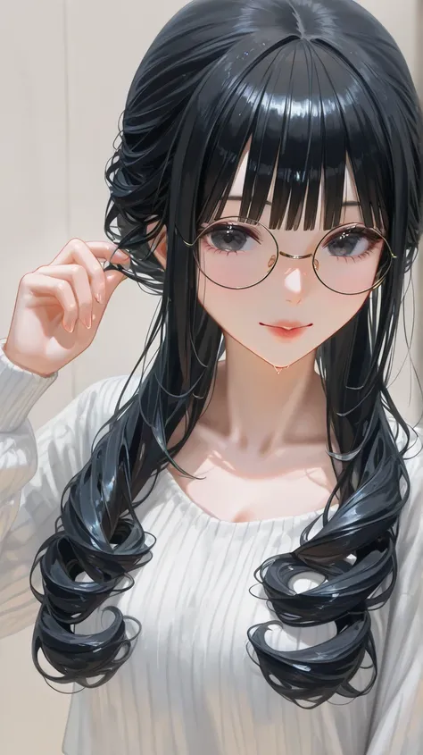 Round Glasses、 long black hair、 wave hair、 seduces