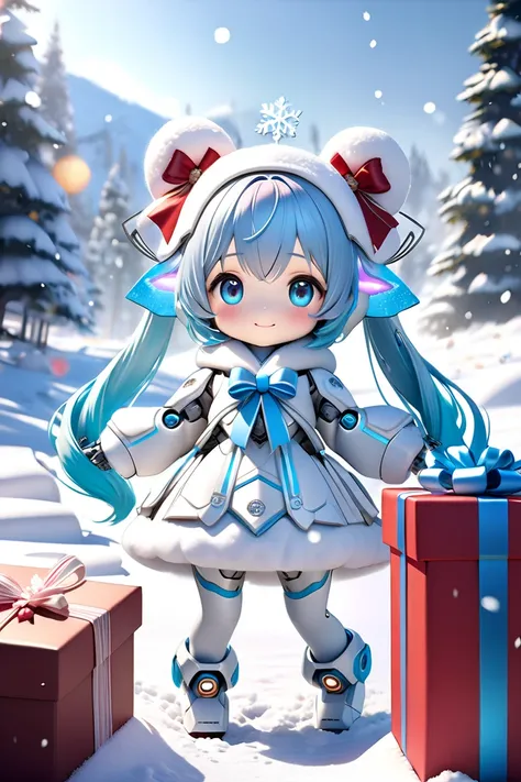  ( bestquality,4K,8k, highres,masterpiece:1.3 ),ultra-detailed,(realistic,photorealistic,photo-realistic:1.3),HDR,UHD, A cute Snow Miku-type humanoid robot is about to give presents to viewers in a field with a beautiful snowy landscape 、 The light from th...