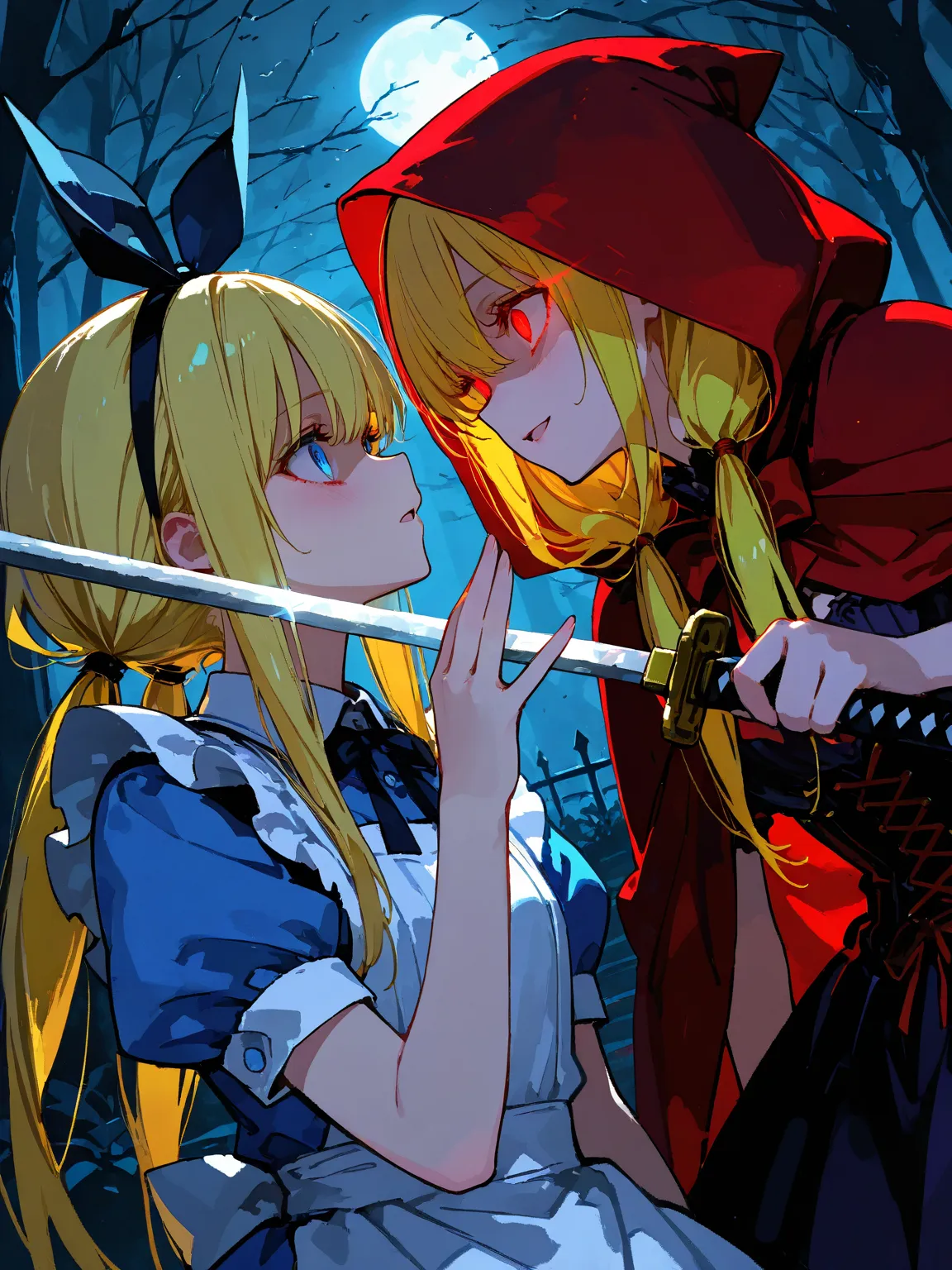 2girls,eye contact,fighting stance,battle,holding weapon,dark moon night,Dark Lighting
BREAK 
,2girls Alice,Alice in Wonderland,blonde hair,blue eyes,yandere,yandere eyes,glowing eyes,holding katana
,2girls Little Red Riding Hood,blonde hair,red eyes,long ...