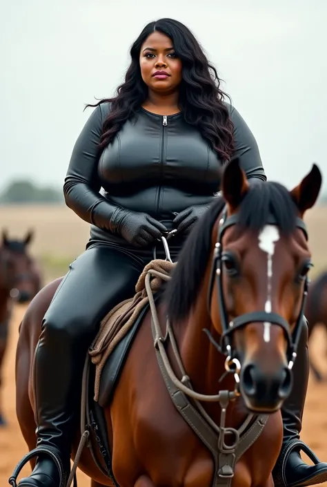 Fatty Full body Bbw Somali woman curvy with a huge body wears trousers and a shirt made of black leather and wears leather gloves and leather boots and rides on the back of a horse