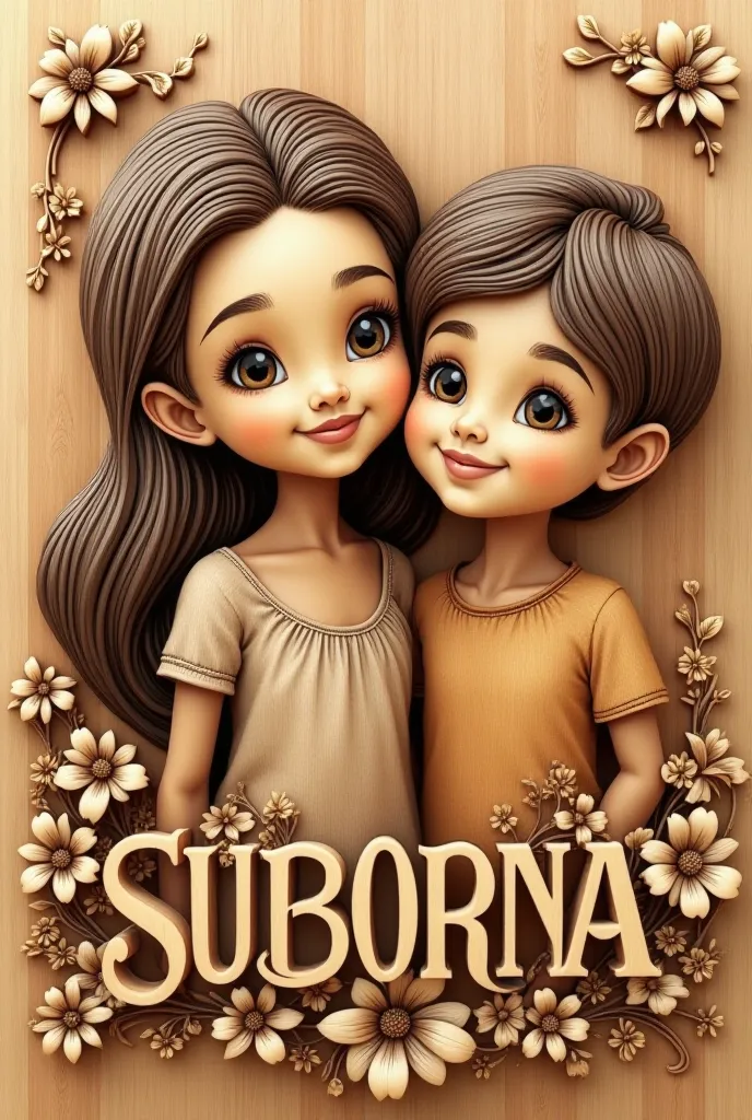 
"A beautiful wood-carved illustration of a smiling girl and boy with long, flowing hair decorated with flowers. The carving is detailed, with smooth curves and elegant shading, giving it a 3D effect. Below the illustration, the name 'SUBORNA' and the name...