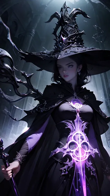 absurdres, highres, ultra detailed, (1girl:1.3), evil queen, witch, gothic sorceress, chaotic magic, dark energy aura, sinister expression, flowing black robes, intricate headdress, grasping staff, (dramatic lighting:1.2), (moody atmosphere:1.1), deep purp...