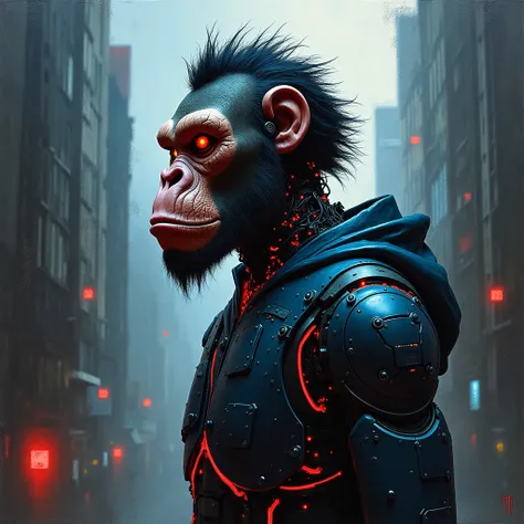 "Create an expressionist painting of a futuristic weird ape robot with a striking, intricate angry ape mask featuring mechanical details and a unique hairstyle. urban style. Use bold, expressive brush strokes to evoke emotion, incorporating a palette of st...