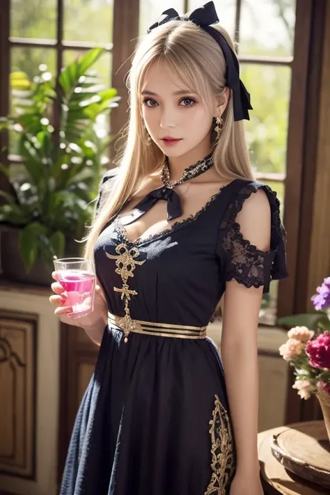  One Girl ,  long hair, Light Hair Color,  enchanting eyes,  Mysterious Expressions , Mature Appearance, Attractive dress,  Relaxed Dress, Graceful Jewels , Intricate decoration, Magic symbols, Glowing Accessories,  potion , Scroll, Cute accent, bow, ribbo...