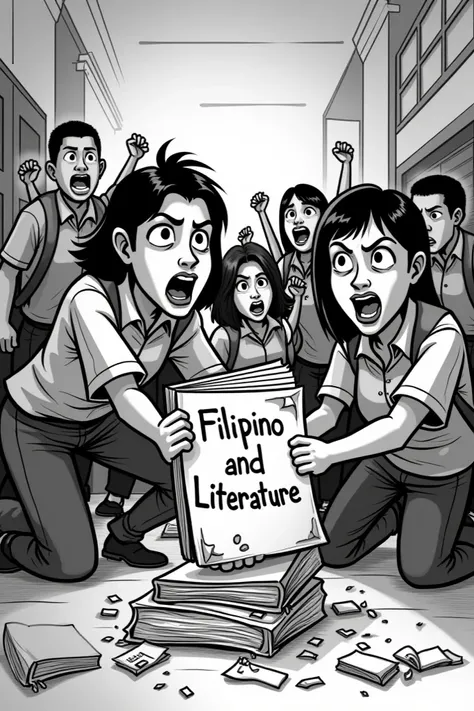 make an editorial cartoon that is all about 
You can draw a book labeled “Filipino and Literature” being removed from the curriculum or thrown into the trash, while students and teachers protest in the background and screaming and angry