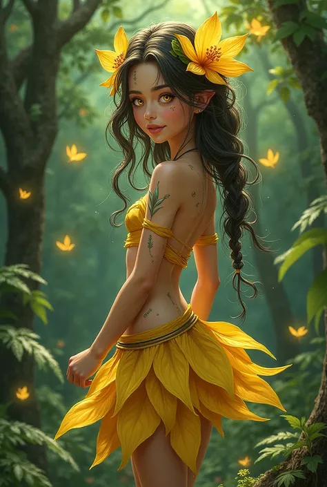 Create the spirit of the Alamandra flower, like an earth elemental, make it be young nymph , forest background, tribal clothes in shades of yellow, skirt in the shape of the Alamandra flower, Alamadra flowers in the hair, leaf marks on body, yellow eyes, e...