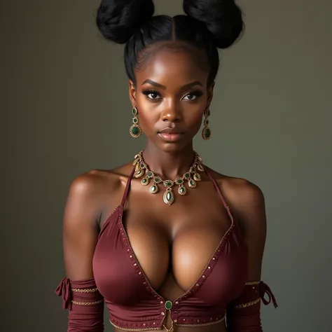 Stunningly attractive young black woman, Large breasts, bodybuilder, fashion, different color clothing, different outfits, different hairbun styles, deep cleavage, complex clothing, intricate clothing, casual, realistic, Masterpiece, Accurate, High Resolut...