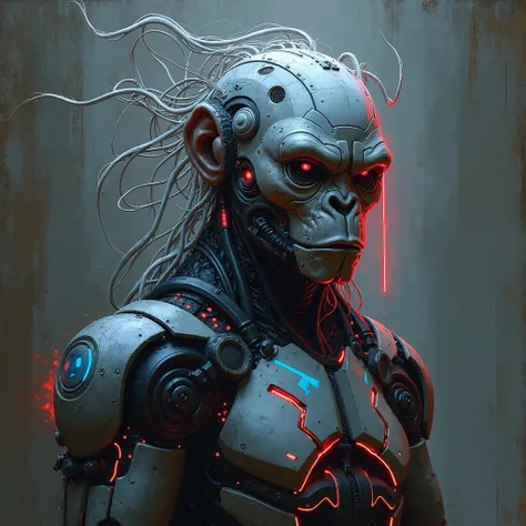 "Create an expressionist painting of a futuristic weird ape robot with a striking, intricate cybernetics ape mask featuring mechanical details and a unique hairstyle. urban style. Use bold, expressive brush strokes to evoke emotion, incorporating a palette...