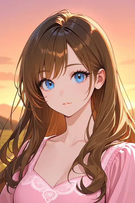 Portrait of a beautiful fantasy girl, big blue eyes, long eyelashes, long golden brown hair, wearing a pink dress, sunset background.