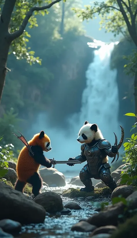 cute baby panda use robotic armor fighting with elf woman monster, elf woman monster use robotic armor and use wings and sword, in the forest waterfall, realistic, scifi, 8k, anime, neon, glow in the white