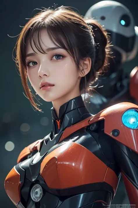 Masterpiece,  best quality ,  Ultra Details, illustration,  1 girl,  VERY DETAILED EVANGELION COSTUME, (Big Robot Background),  detailed skin texture,  beautiful detailed face,  intricate detail in wet water,  more details